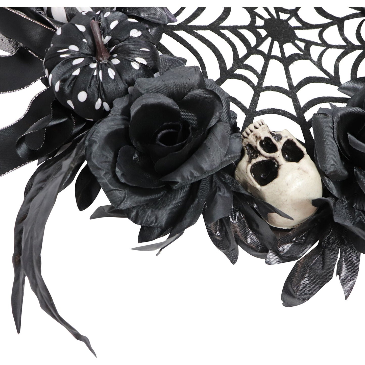 15 in Halloween Black and White Floral Wreath with Pumpkins, Skulls, and Spiderweb for Haunted House Hanging Decoration, HHSPD-2WRTH