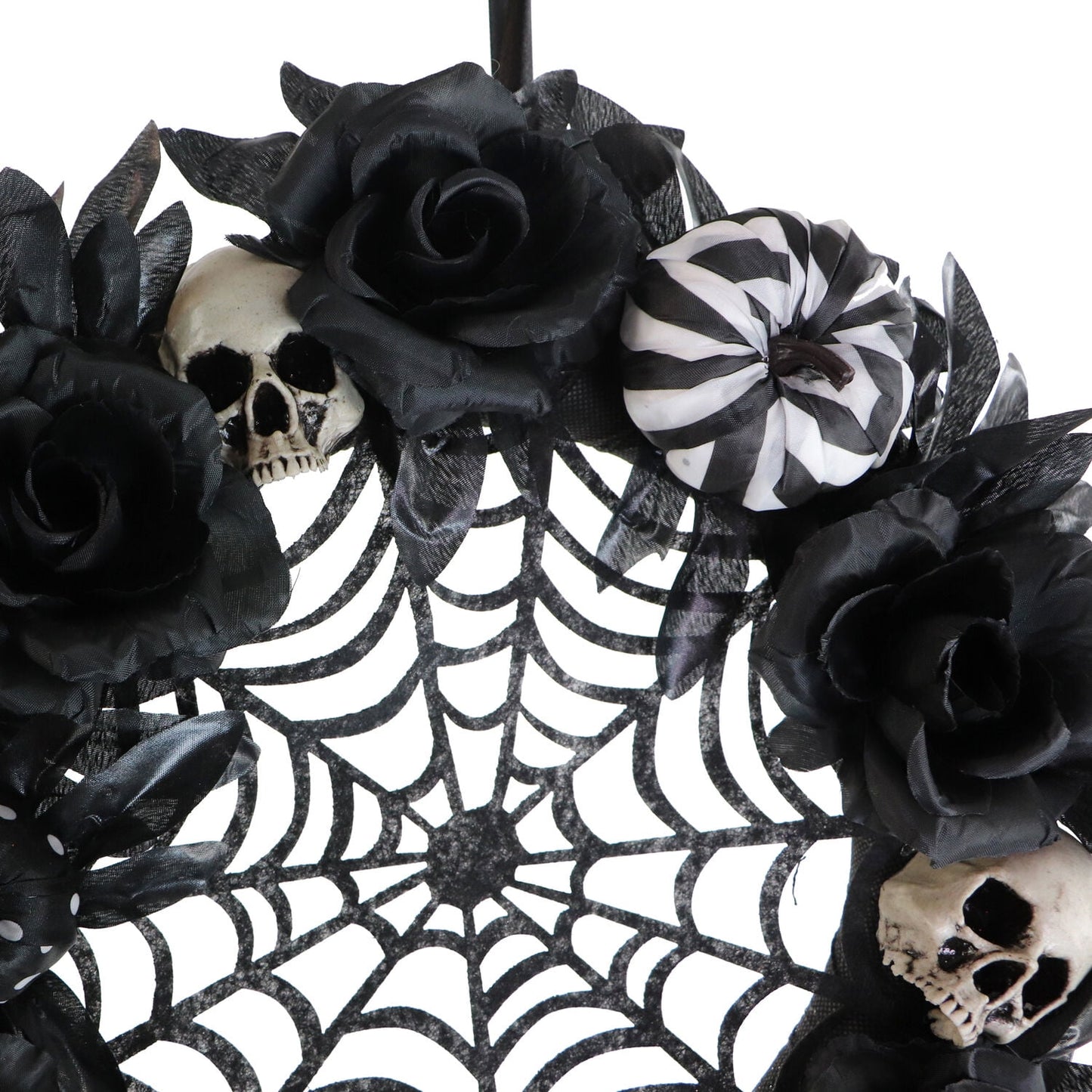 15 in Halloween Black and White Floral Wreath with Pumpkins, Skulls, and Spiderweb for Haunted House Hanging Decoration, HHSPD-2WRTH
