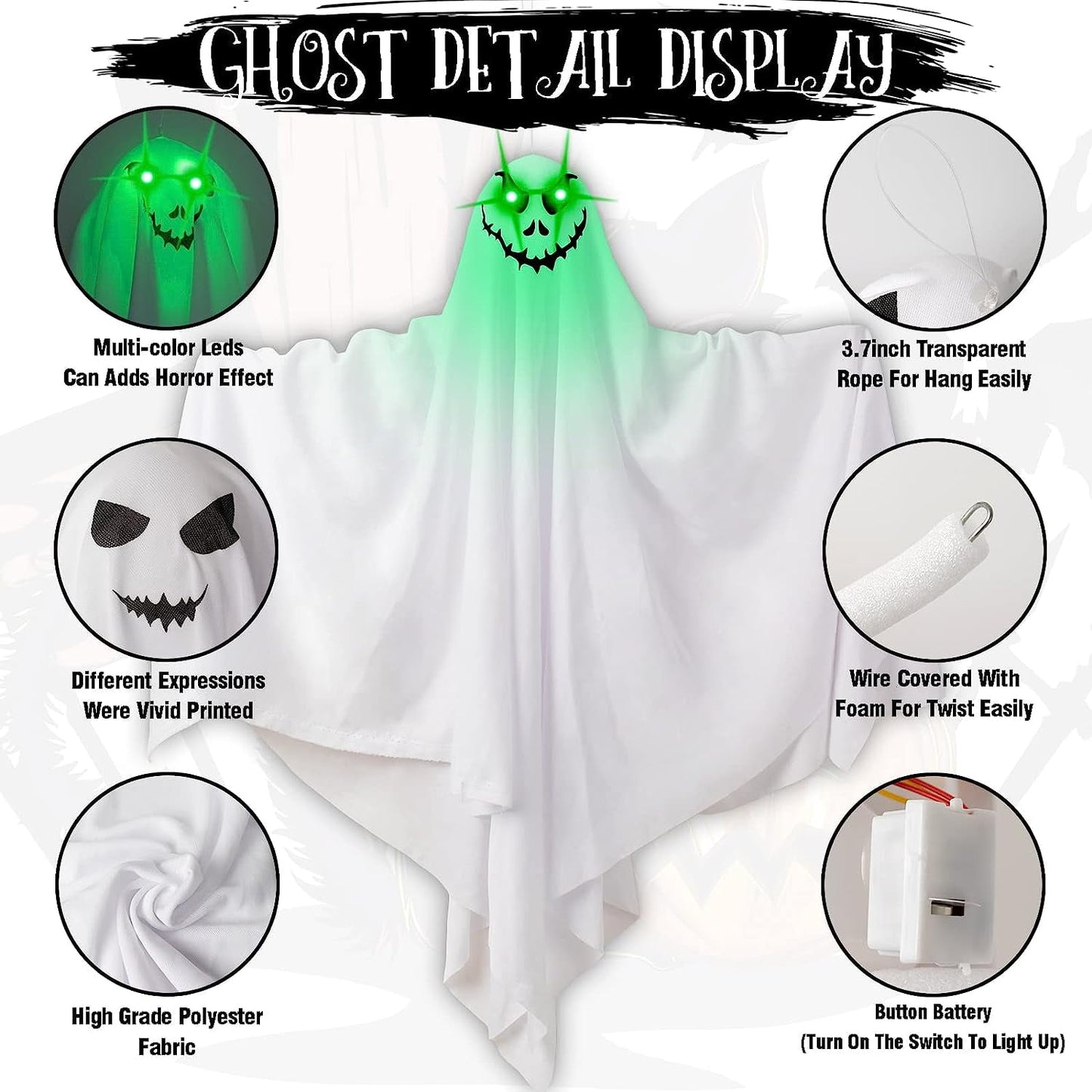 Halloween Decoration White Foam Polyester Outdoor Hanging Ghosts with LED Light, Set of 4