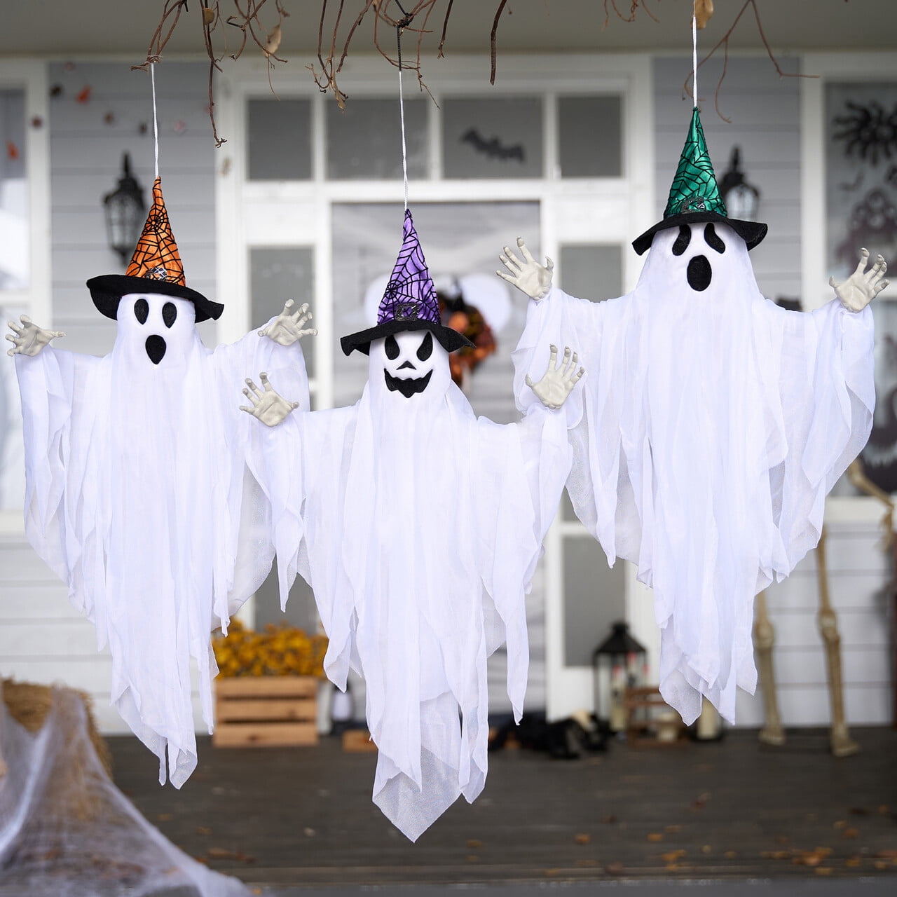 3 Packs Hanging Ghost Halloween Decorations Outdoor,24.8" White Flying Ghosts with Hats Outdoor Hanging Halloween Decorations Yard Decorations