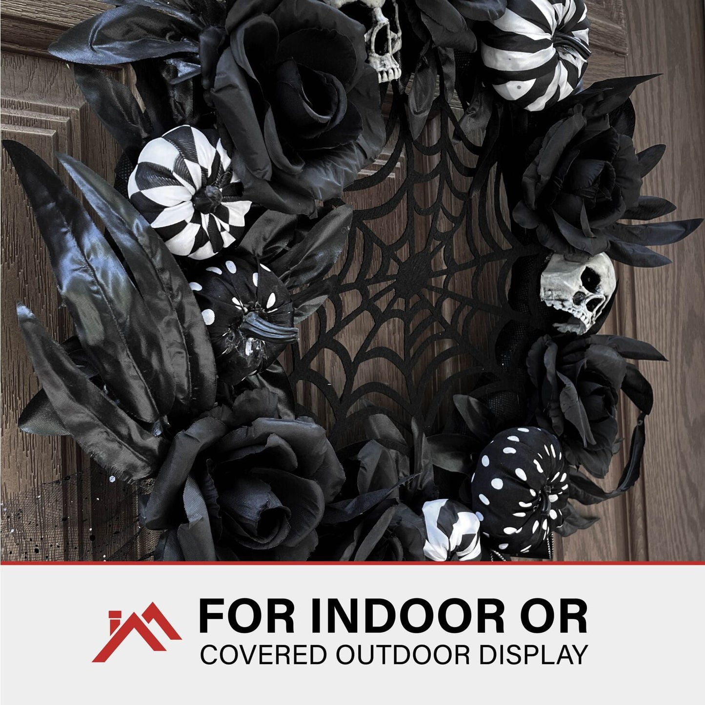 15 in Halloween Black and White Floral Wreath with Pumpkins, Skulls, and Spiderweb for Haunted House Hanging Decoration, HHSPD-2WRTH