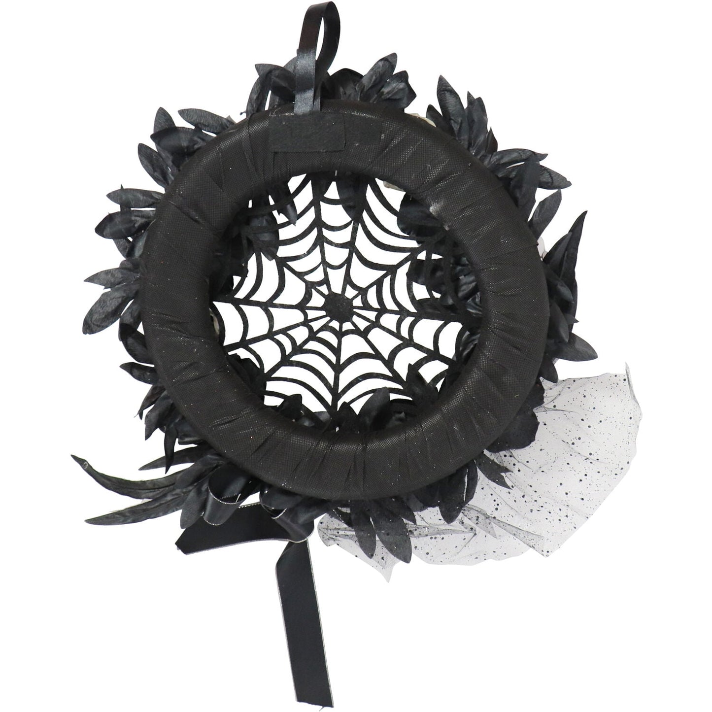 15 in Halloween Black and White Floral Wreath with Pumpkins, Skulls, and Spiderweb for Haunted House Hanging Decoration, HHSPD-2WRTH