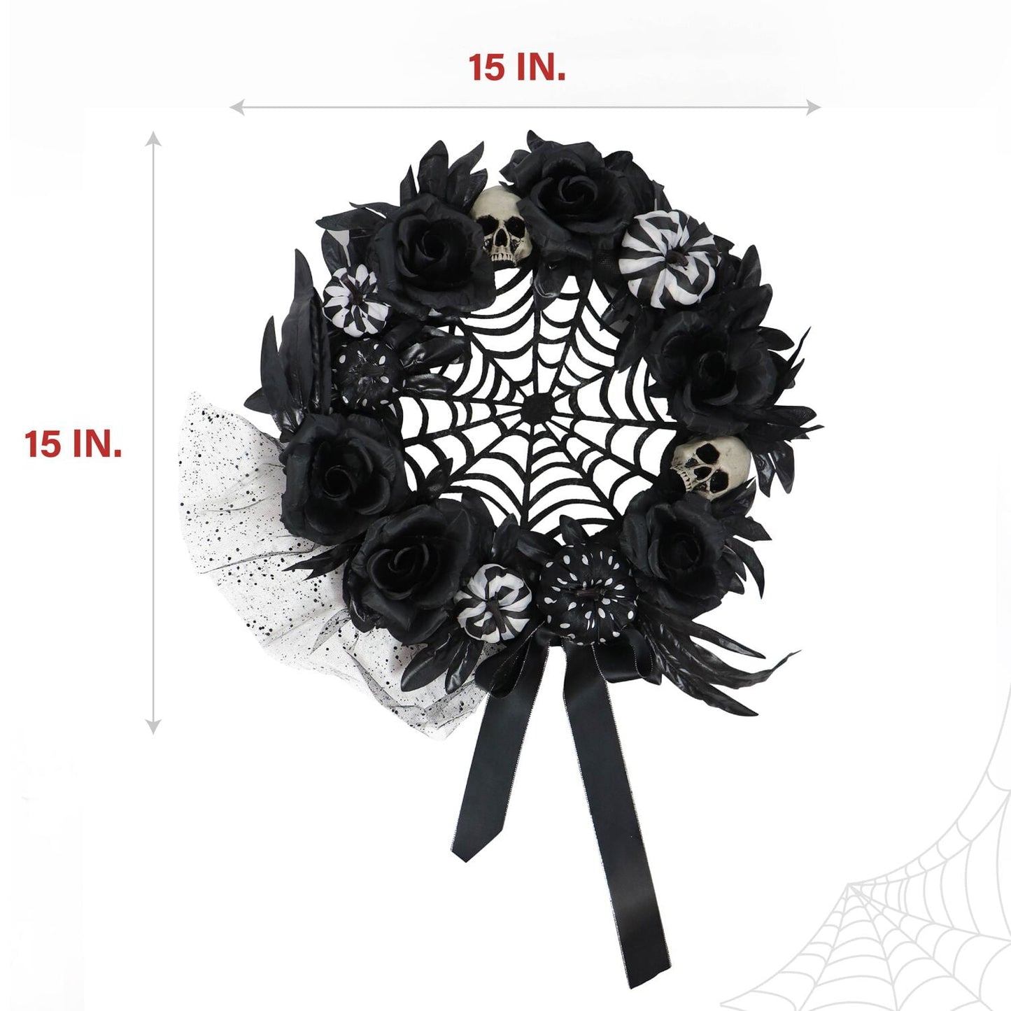 15 in Halloween Black and White Floral Wreath with Pumpkins, Skulls, and Spiderweb for Haunted House Hanging Decoration, HHSPD-2WRTH