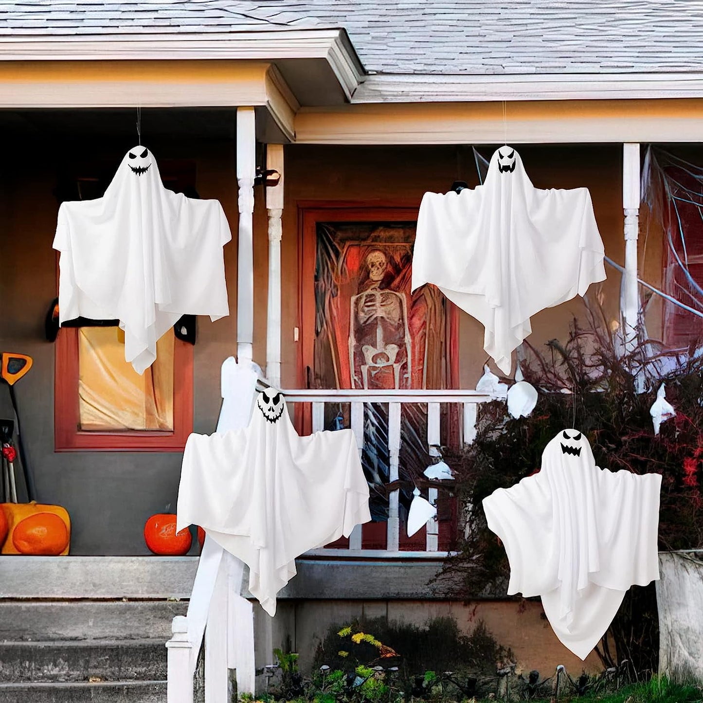 Halloween Decoration White Foam Polyester Outdoor Hanging Ghosts with LED Light, Set of 4