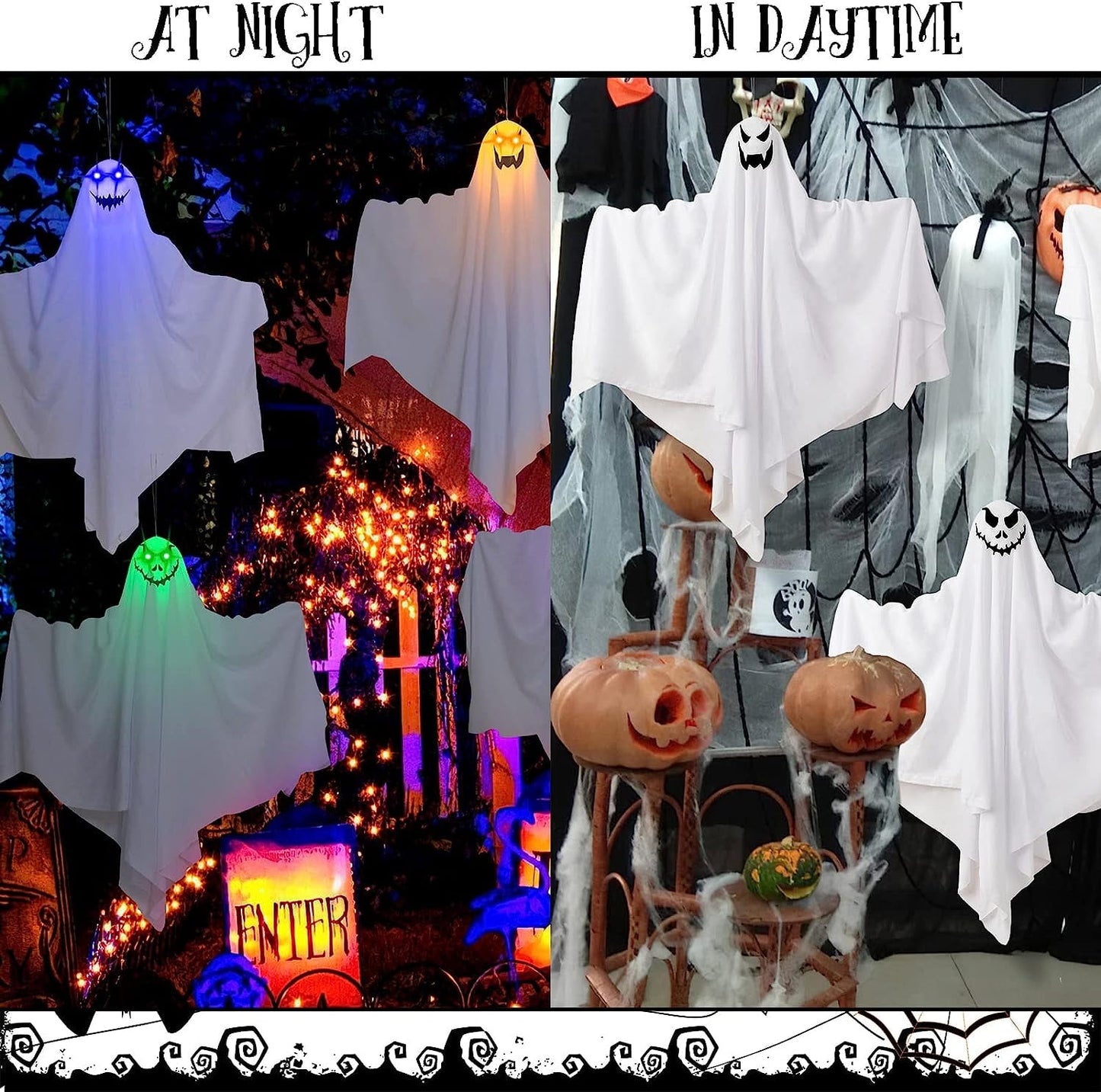 Halloween Decoration White Foam Polyester Outdoor Hanging Ghosts with LED Light, Set of 4