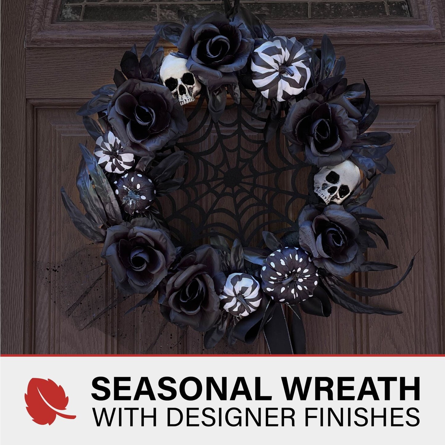 15 in Halloween Black and White Floral Wreath with Pumpkins, Skulls, and Spiderweb for Haunted House Hanging Decoration, HHSPD-2WRTH