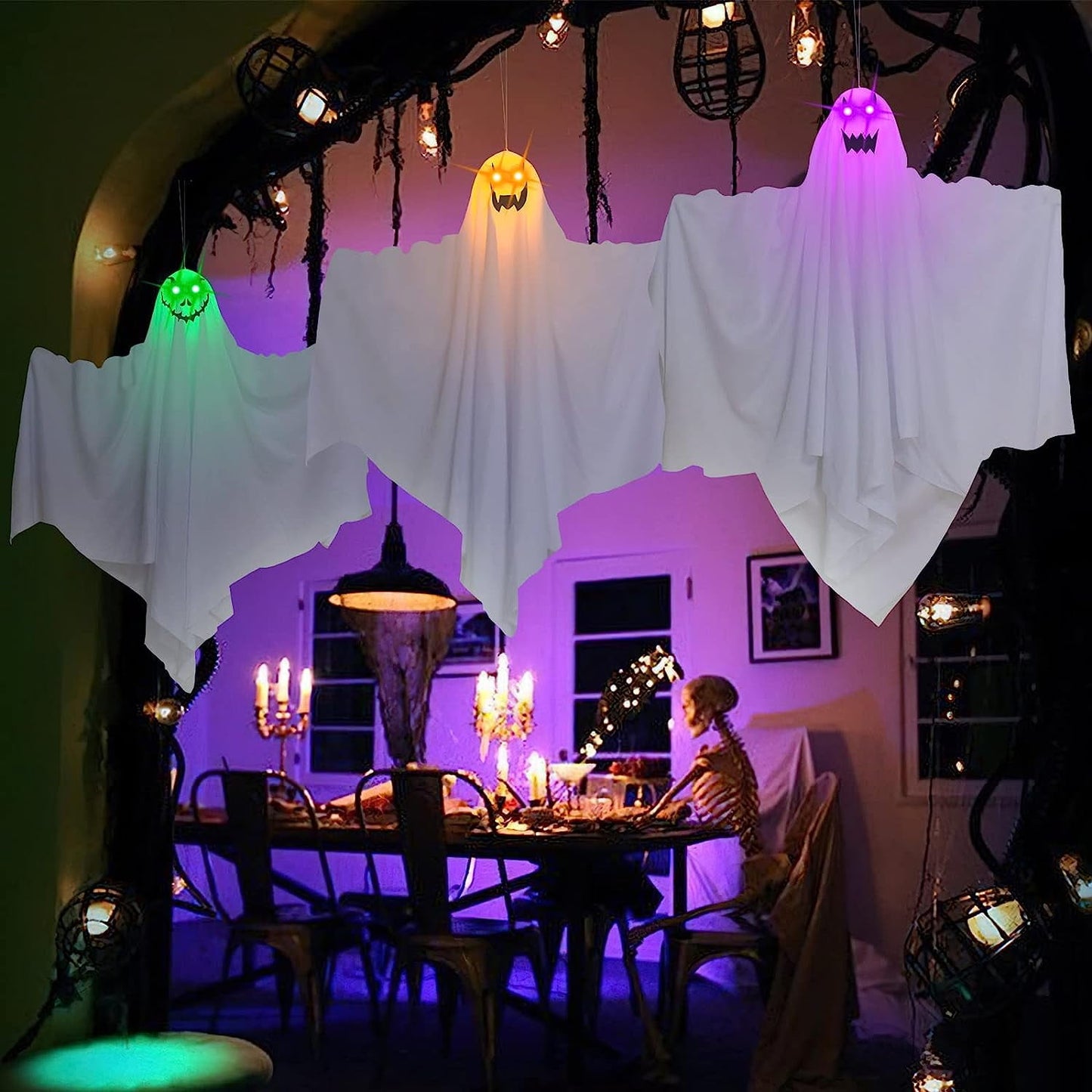 Halloween Decoration White Foam Polyester Outdoor Hanging Ghosts with LED Light, Set of 4