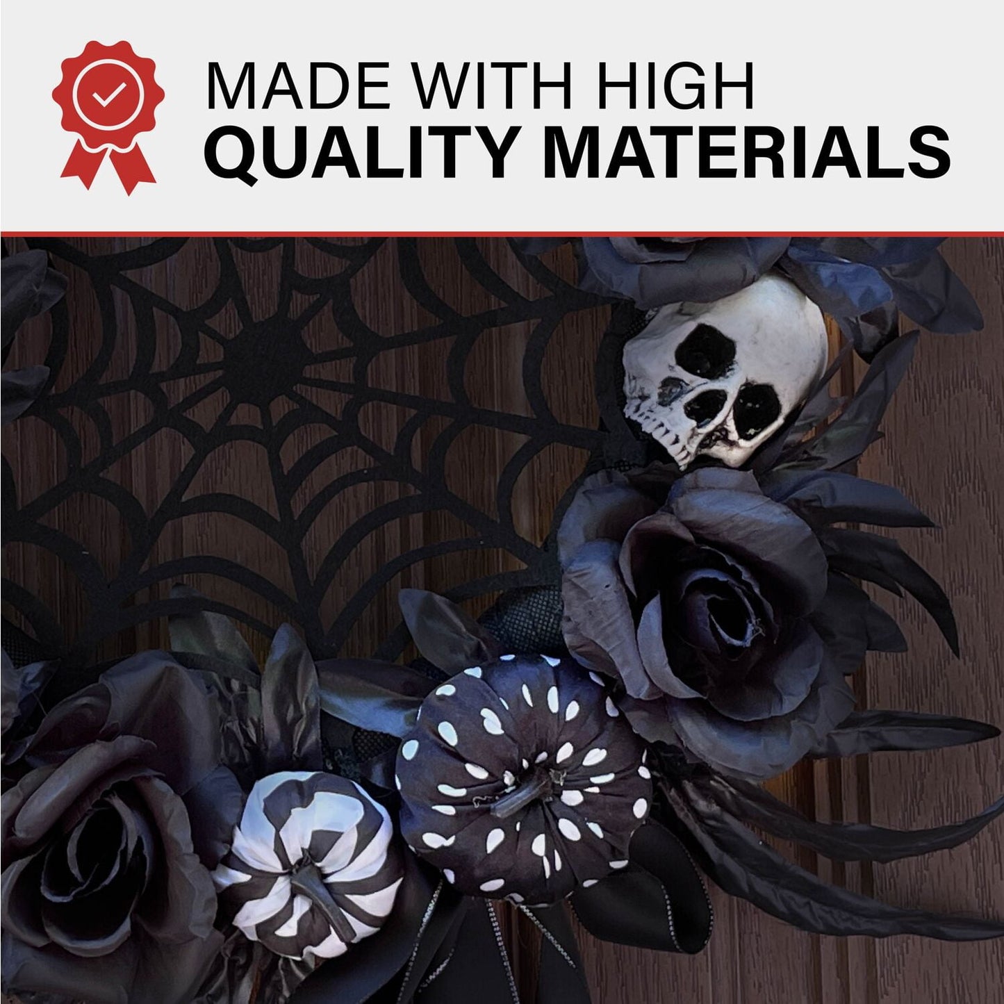 15 in Halloween Black and White Floral Wreath with Pumpkins, Skulls, and Spiderweb for Haunted House Hanging Decoration, HHSPD-2WRTH