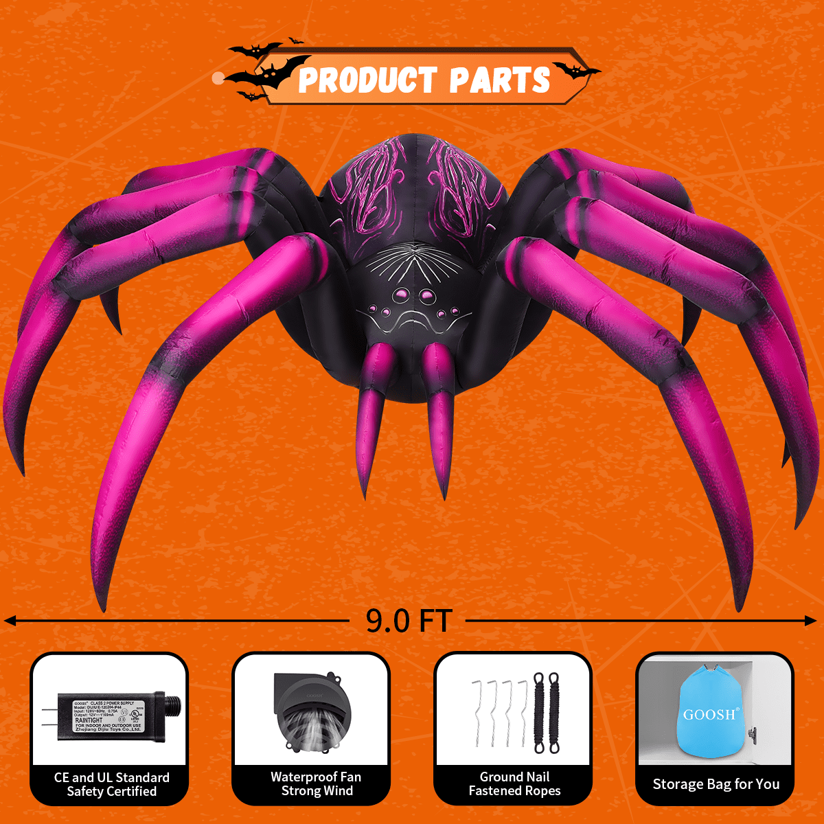 Halloween Inflatables 9 FT Inflatable Spider with Built-In LED Lights, Giant Spider Inflatable Halloween Blow up Spider, Outdoor Halloween Decorations Spider Blow up for Halloween Holiday Party