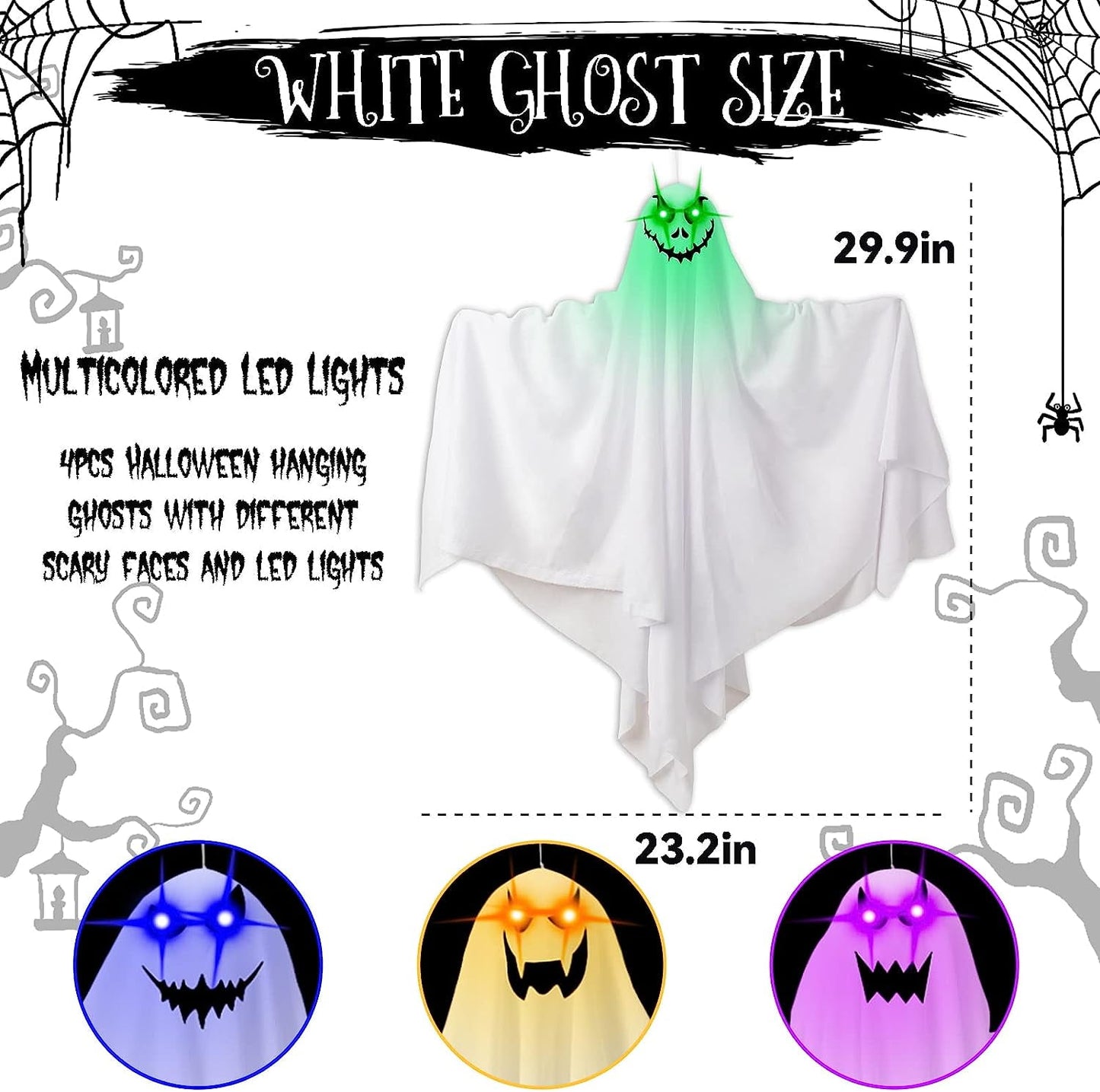 Halloween Decoration White Foam Polyester Outdoor Hanging Ghosts with LED Light, Set of 4