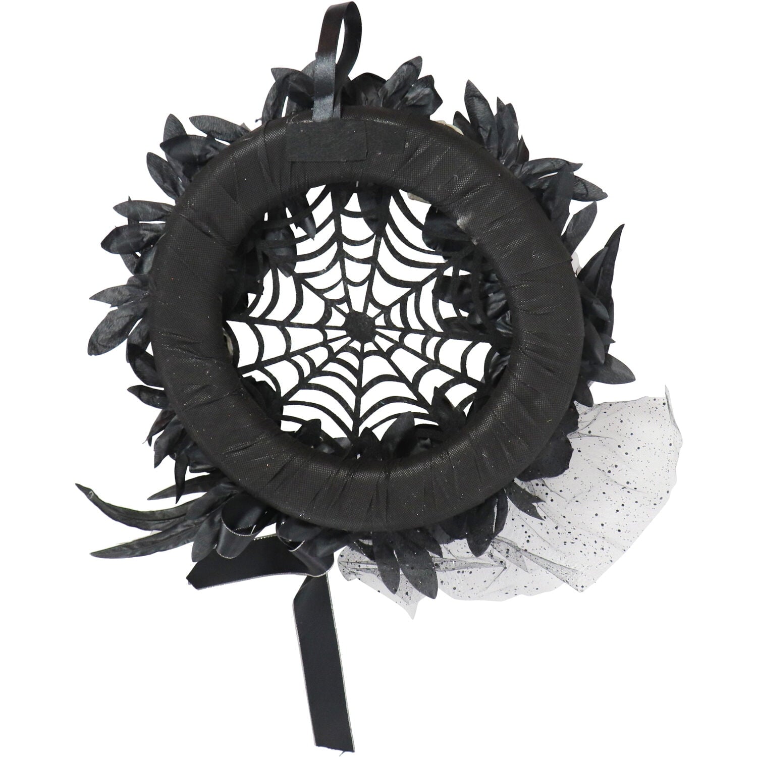 15 in Halloween Black and White Floral Wreath with Pumpkins, Skulls, and Spiderweb for Haunted House Hanging Decoration, HHSPD-2WRTH