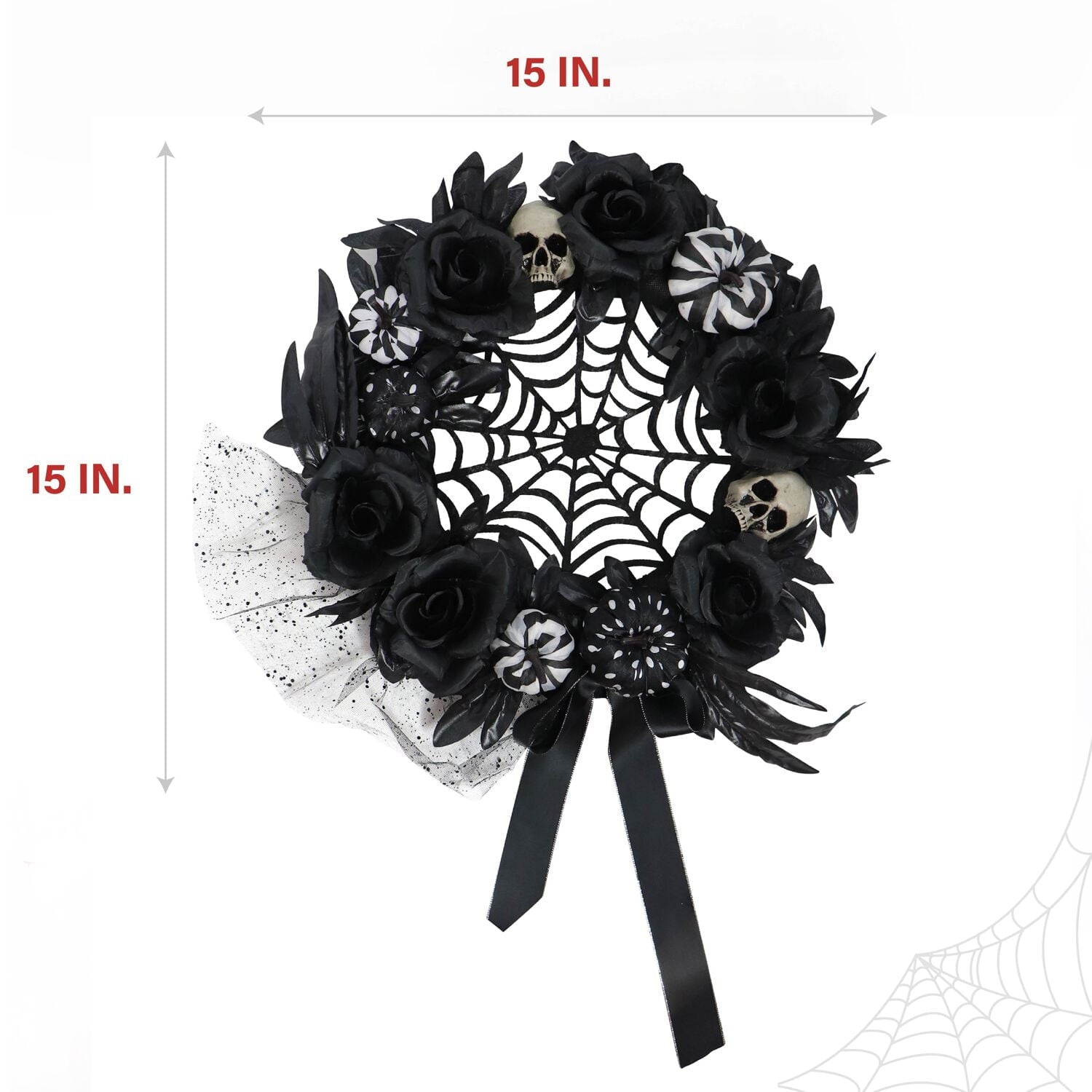 15 in Halloween Black and White Floral Wreath with Pumpkins, Skulls, and Spiderweb for Haunted House Hanging Decoration, HHSPD-2WRTH