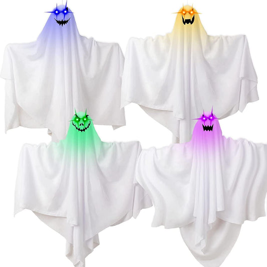 Halloween Decoration White Foam Polyester Outdoor Hanging Ghosts with LED Light, Set of 4