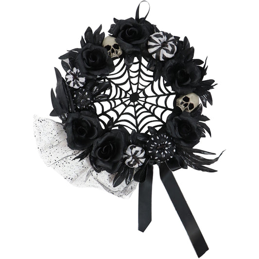 15 in Halloween Black and White Floral Wreath with Pumpkins, Skulls, and Spiderweb for Haunted House Hanging Decoration, HHSPD-2WRTH