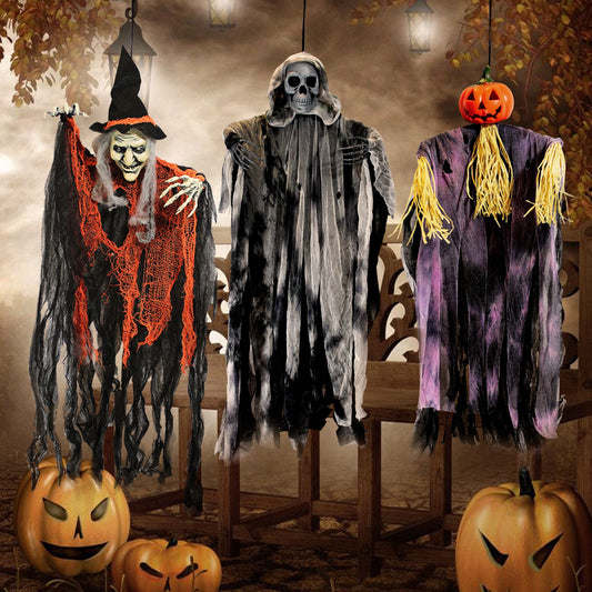 3 Pack Halloween Decorations Outdoor Hanging Ghosts Witch Pumpkin Decor,35" Scary Flying Witch Grim Reapers for Halloween Indoor Outdoor Yard Home Decorations